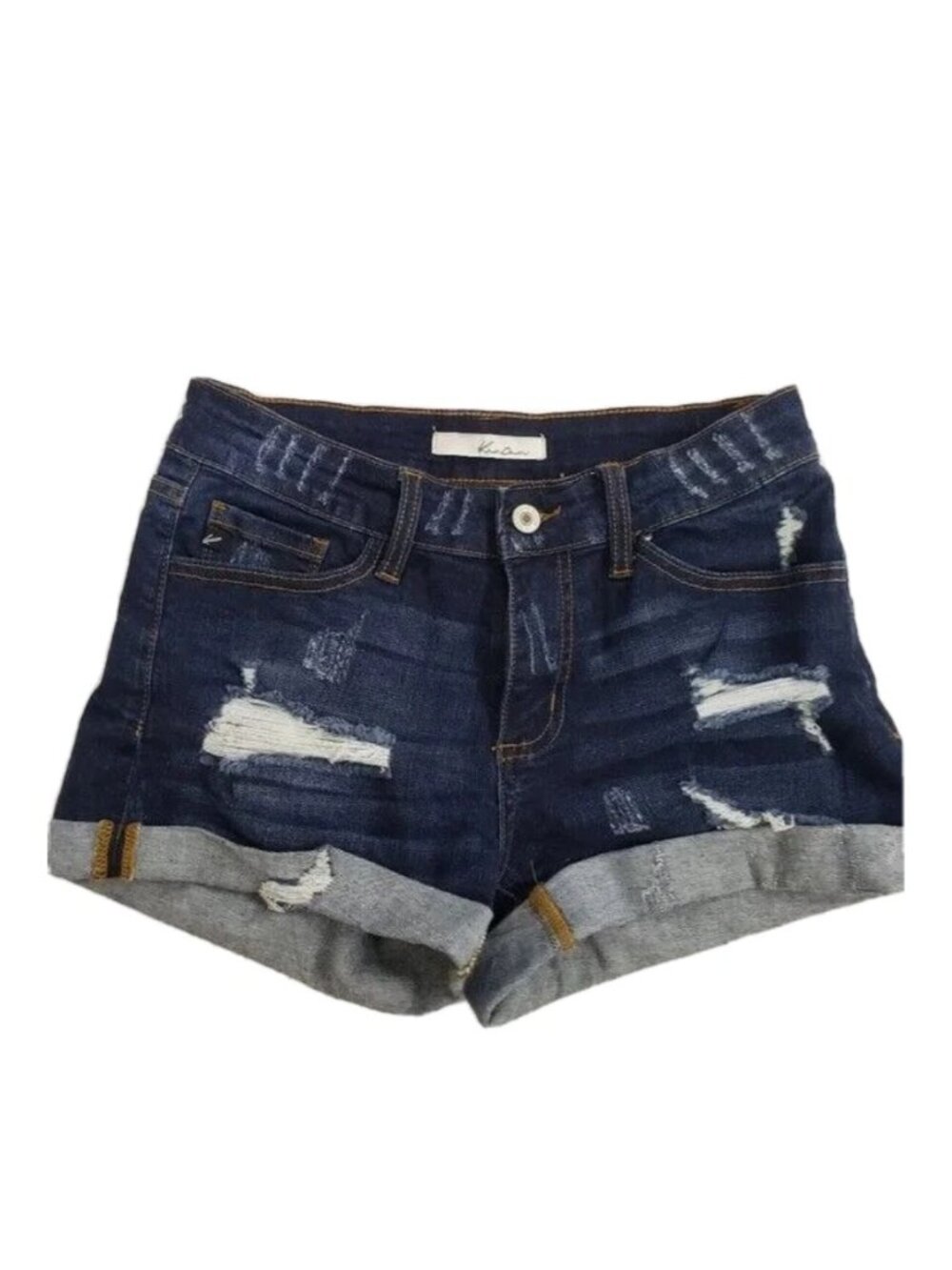 Kancan Estilo Women's Mid Rise Dark Wash Distressed Cuffed Denim Shorts Sz 5